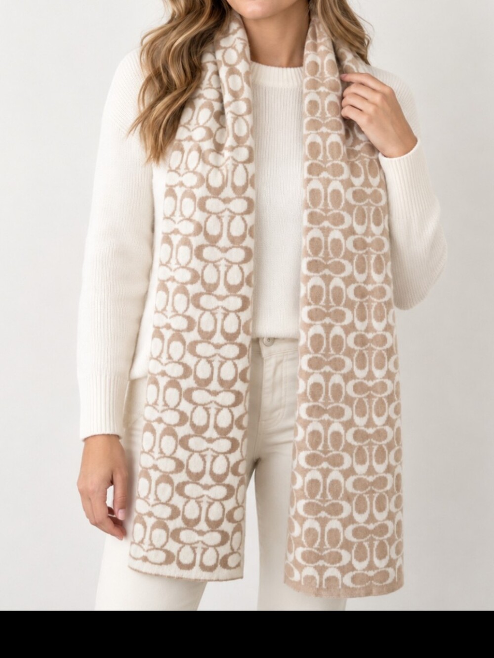 Coach Signature C Cashmere Angora Wool Reversible Scarf Tan Ivory
